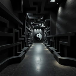 A complex maze representing Yin Yang symbol, designed with intricate shadow work and paths