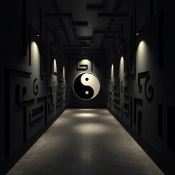 A complex maze representing Yin Yang symbol, designed with intricate shadow work and paths