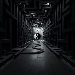 A complex maze representing Yin Yang symbol, designed with intricate shadow work and paths