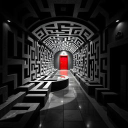 A complex maze shaped like the Yin Yang symbol, featuring contrasting black and white sections that explore shadow work