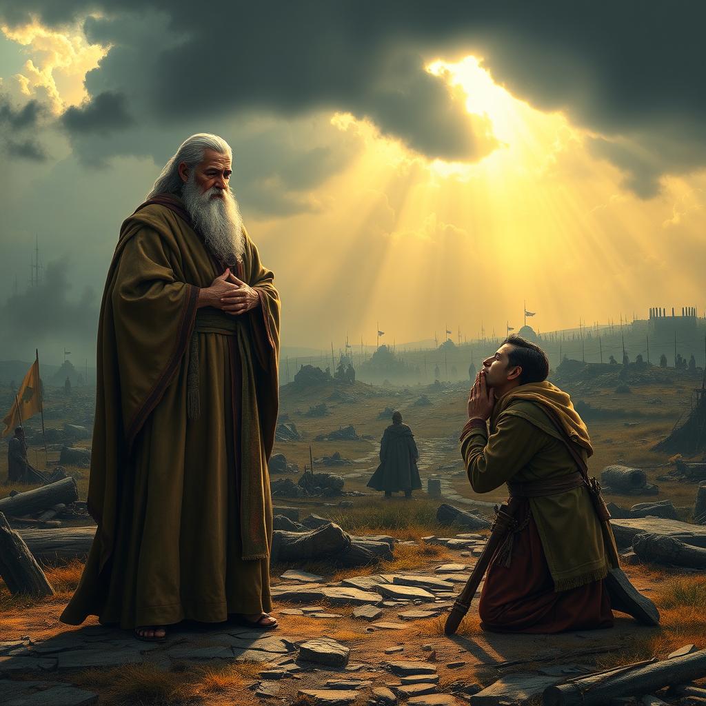 A dramatic and emotional scene depicting a wise man in traditional robes, standing with a commanding presence