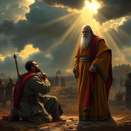 A dramatic and emotional scene depicting a wise man in traditional robes, standing with a commanding presence
