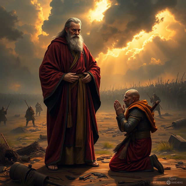 A dramatic and emotional scene depicting a wise man in traditional robes, standing with a commanding presence