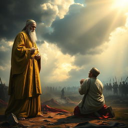 A dramatic and emotional scene depicting a wise man in traditional robes, standing with a commanding presence
