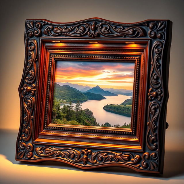 A beautifully designed photo frame with intricate patterns and carvings, showcasing an elegant and classic aesthetic