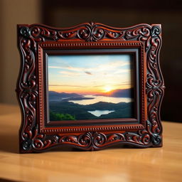 A beautifully designed photo frame with intricate patterns and carvings, showcasing an elegant and classic aesthetic