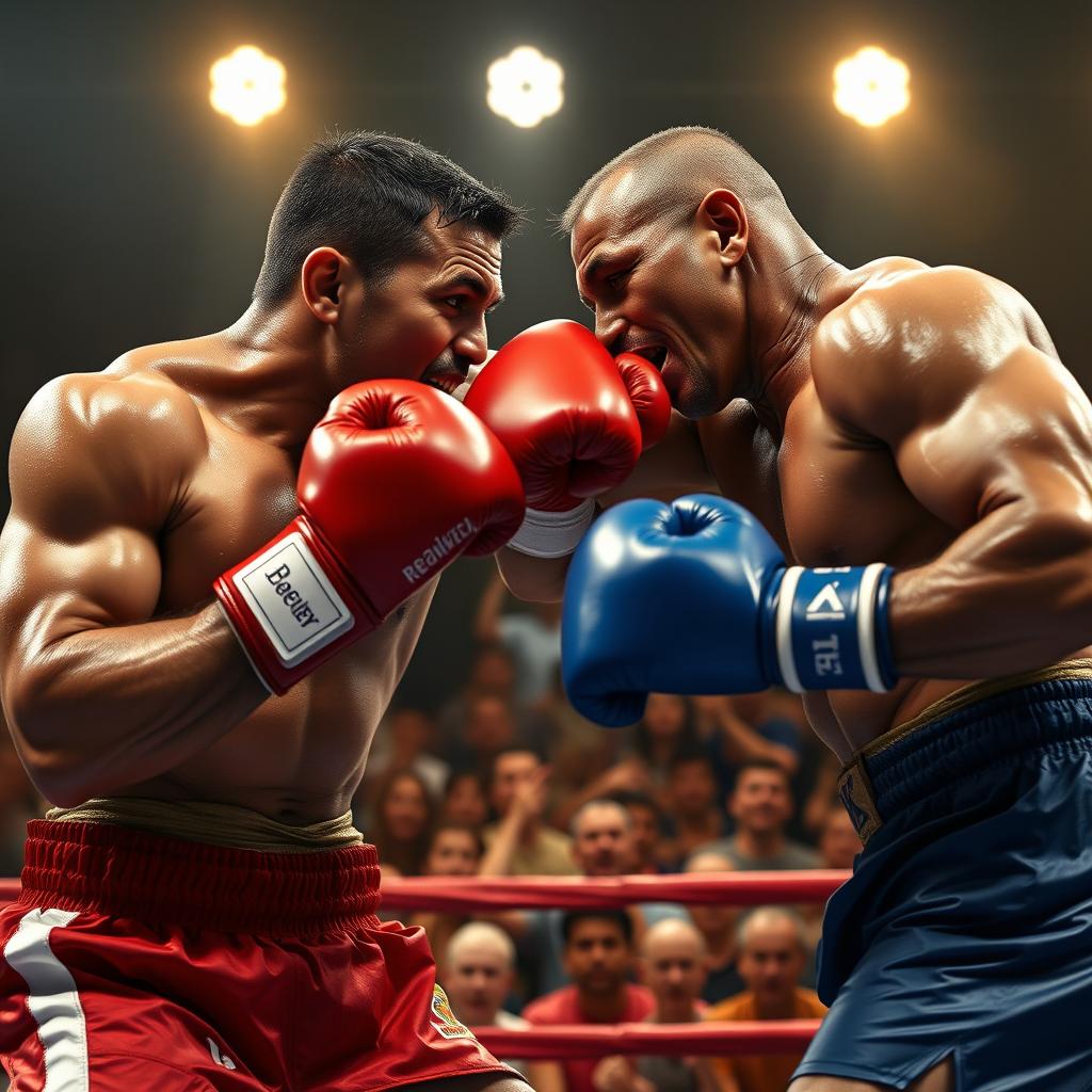 A boxing scene featuring two muscular fighters engaged in an intense match, one delivering a powerful punch to the other's jaw