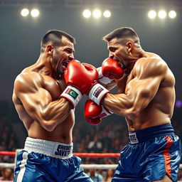 A boxing scene featuring two muscular fighters engaged in an intense match, one delivering a powerful punch to the other's jaw