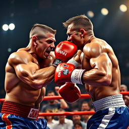 A boxing scene featuring two muscular fighters engaged in an intense match, one delivering a powerful punch to the other's jaw