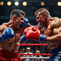 A boxing scene featuring two muscular fighters engaged in an intense match, one delivering a powerful punch to the other's jaw