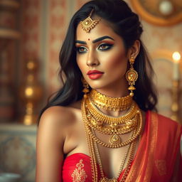 A stunning Indian woman, showcasing exquisite and intricate makeup, her body gracefully adorned, emphasizing her natural beauty