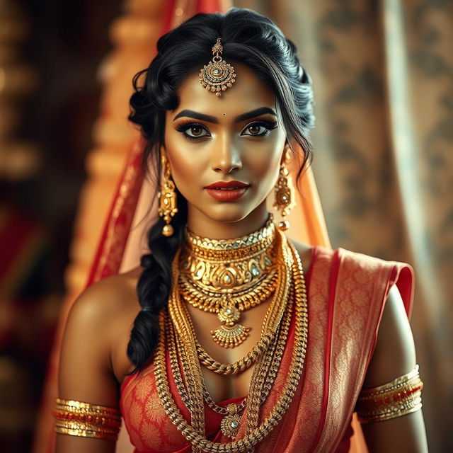 A stunning Indian woman, showcasing exquisite and intricate makeup, her body gracefully adorned, emphasizing her natural beauty