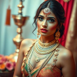 A stunning Indian woman, showcasing exquisite and intricate makeup, her body gracefully adorned, emphasizing her natural beauty