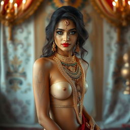 A stunning Indian woman, showcasing exquisite and intricate makeup, her body gracefully adorned, emphasizing her natural beauty
