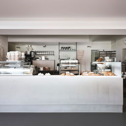 A modern bakery cafe with white concrete interiors in Parisian style, featuring sleek lines and minimalistic furniture. Pastries are displayed in glass cases and a contemporary coffee brewing station sits invitingly.