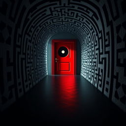 A striking Yin Yang symbol depicted as a red door, set against an intricate shadow work maze