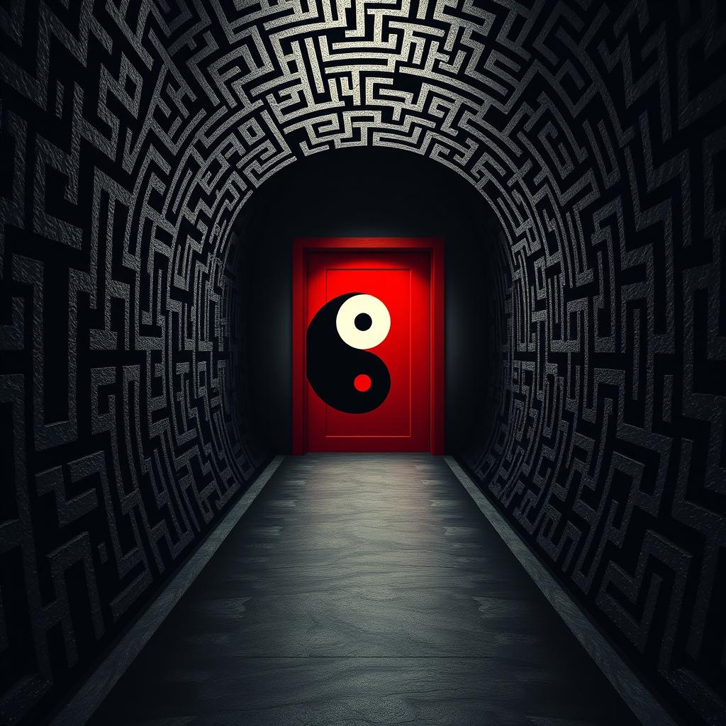 A striking Yin Yang symbol depicted as a red door, set against an intricate shadow work maze