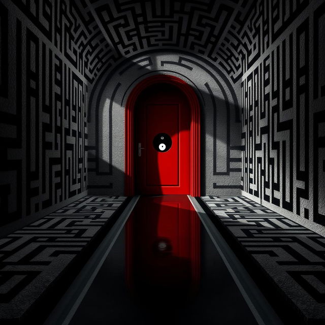 A striking Yin Yang symbol depicted as a red door, set against an intricate shadow work maze