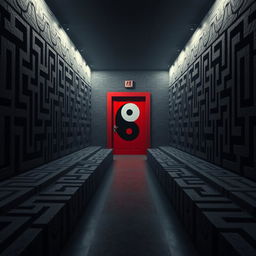 A striking Yin Yang symbol depicted as a red door, set against an intricate shadow work maze