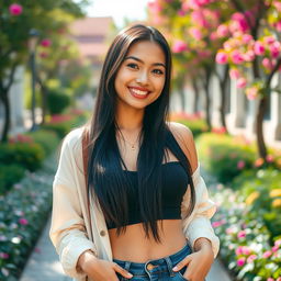 A beautiful Indonesian university student with large breasts, exuding a playful and flirty vibe
