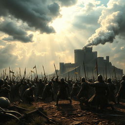 A dramatic battlefield scene where an enemy army is depicted in a state of defeat, with soldiers on their knees surrendering