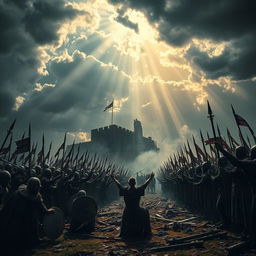 A dramatic battlefield scene where an enemy army is depicted in a state of defeat, with soldiers on their knees surrendering