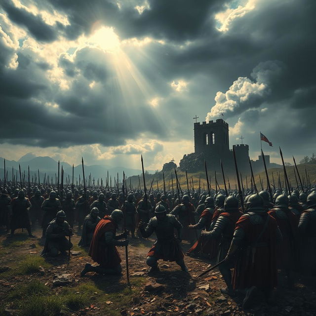 A dramatic battlefield scene where an enemy army is depicted in a state of defeat, with soldiers on their knees surrendering