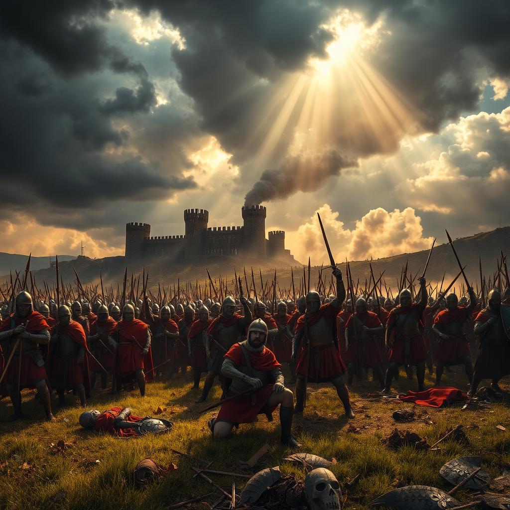 A dramatic battlefield scene where an enemy army is depicted in a state of defeat, with soldiers on their knees surrendering