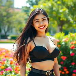 A beautiful Indonesian university student with large breasts, exuding a playful and flirty charm