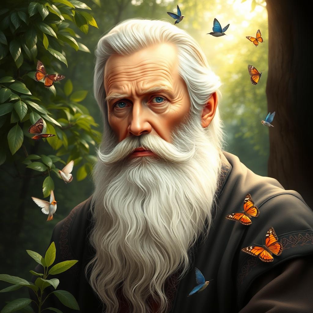 A portrait of Leo Tolstoy, depicted as a wise and contemplative figure, surrounded by a rejuvenating nature scene, with lush greenery and gentle rays of sunlight streaming through trees