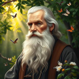 A portrait of Leo Tolstoy, depicted as a wise and contemplative figure, surrounded by a rejuvenating nature scene, with lush greenery and gentle rays of sunlight streaming through trees