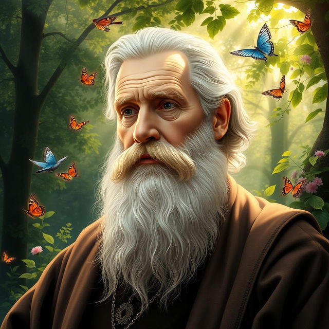 A portrait of Leo Tolstoy, depicted as a wise and contemplative figure, surrounded by a rejuvenating nature scene, with lush greenery and gentle rays of sunlight streaming through trees