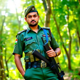 A strong and proud soldier wearing a crisp Indian CRPF uniform, complete with a tactical vest and a cap, standing confidently in a lush green forest setting