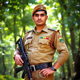 A strong and proud soldier wearing a crisp Indian CRPF uniform, complete with a tactical vest and a cap, standing confidently in a lush green forest setting
