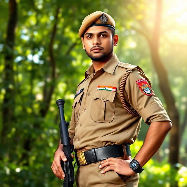 A strong and proud soldier wearing a crisp Indian CRPF uniform, complete with a tactical vest and a cap, standing confidently in a lush green forest setting