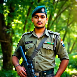 A strong and proud soldier wearing a crisp Indian CRPF uniform, complete with a tactical vest and a cap, standing confidently in a lush green forest setting