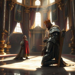 A powerful image depicting a scene where a defeated enemy kneels before a regal king in an ornate throne room