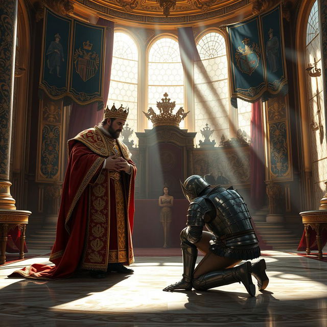 A powerful image depicting a scene where a defeated enemy kneels before a regal king in an ornate throne room