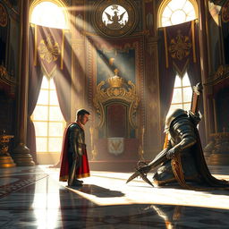 A powerful image depicting a scene where a defeated enemy kneels before a regal king in an ornate throne room