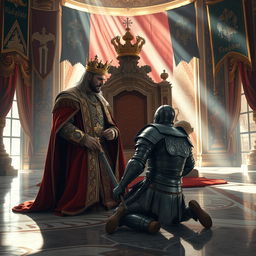 A powerful image depicting a scene where a defeated enemy kneels before a regal king in an ornate throne room