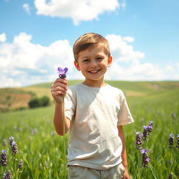 A boy standing in a serene, lush green meadow, holding a delicate lavender flower in his hand