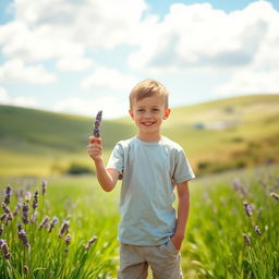 A boy standing in a serene, lush green meadow, holding a delicate lavender flower in his hand