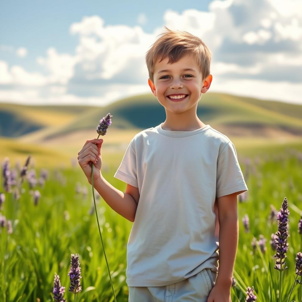 A boy standing in a serene, lush green meadow, holding a delicate lavender flower in his hand