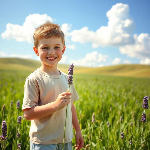 A boy standing in a serene, lush green meadow, holding a delicate lavender flower in his hand