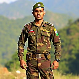 A soldier proudly standing in a traditional Indian army uniform, featuring a camouflage pattern unique to the Indian military
