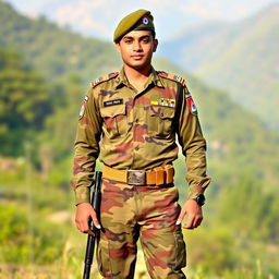 A soldier proudly standing in a traditional Indian army uniform, featuring a camouflage pattern unique to the Indian military