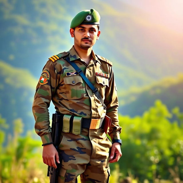 A soldier proudly standing in a traditional Indian army uniform, featuring a camouflage pattern unique to the Indian military