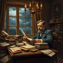 A scene depicting Fyodor Dostoevsky deeply engrossed in writing 'The Brothers Karamazov', surrounded by piles of books and papers scattered around him