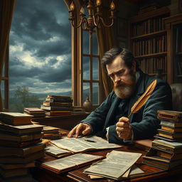 A scene depicting Fyodor Dostoevsky deeply engrossed in writing 'The Brothers Karamazov', surrounded by piles of books and papers scattered around him