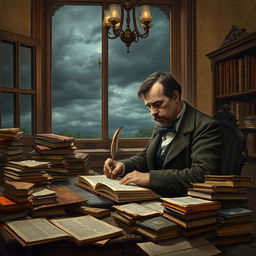 A scene depicting Fyodor Dostoevsky deeply engrossed in writing 'The Brothers Karamazov', surrounded by piles of books and papers scattered around him
